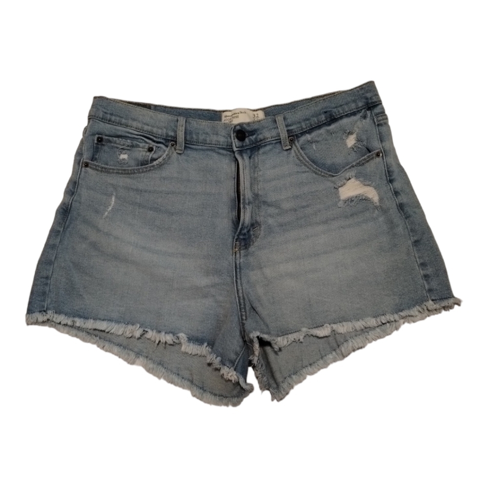 Abercrombie & Fitch High Rise Shorts Distressed Light Wash Size 32/14 Frayed Hem